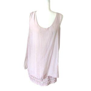 Elena Baldi Women's Large Pink 100% Silk Sleeveless Blouse W/ Crochet Lace Hem